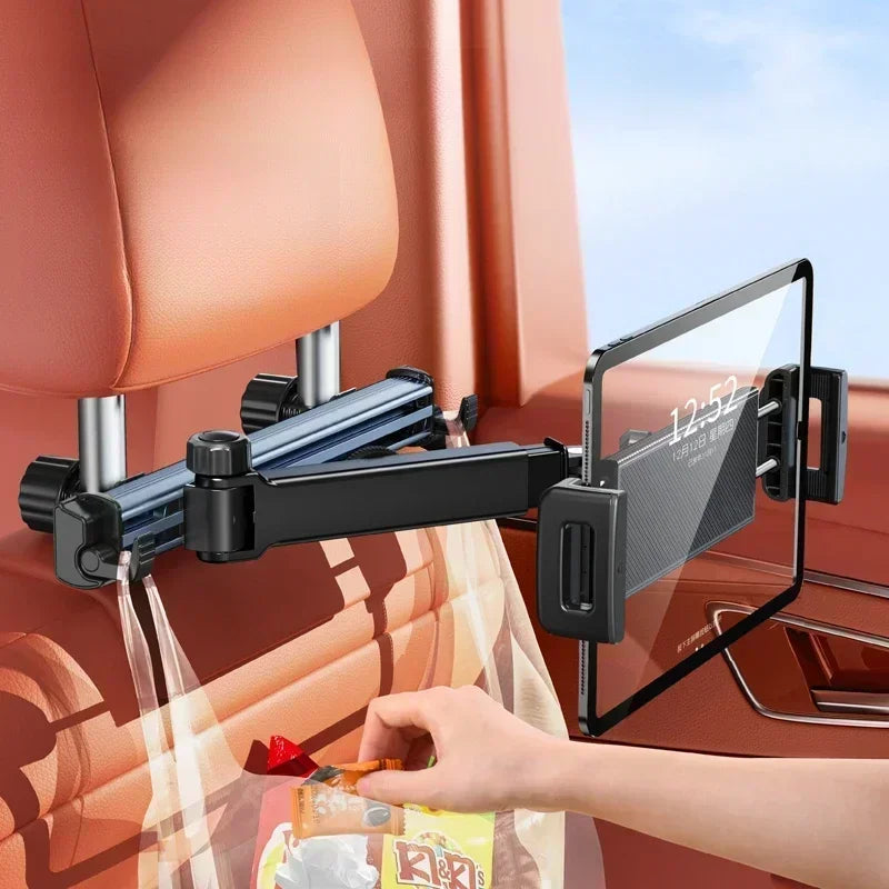 Soporte para Tablet en Reposacabezas de Coche – Soporte de Teléfono Giratorio 360°, Brazo Largo Ajustable con 2 Ganchos, Compatible con Dispositivos de 4.7 a 12 pulgadas.