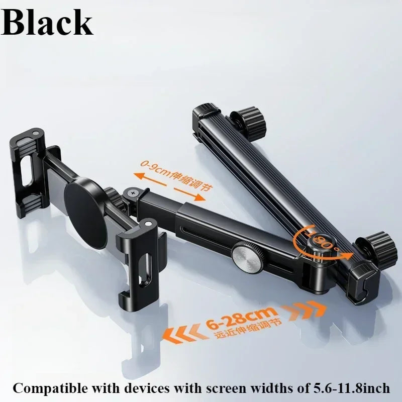 Soporte para Tablet en Reposacabezas de Coche – Soporte de Teléfono Giratorio 360°, Brazo Largo Ajustable con 2 Ganchos, Compatible con Dispositivos de 4.7 a 12 pulgadas.