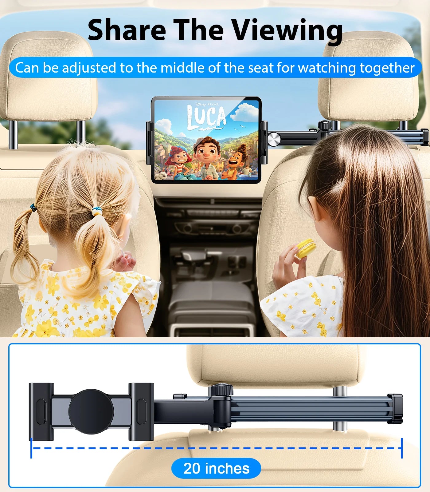 Soporte para Tablet en Reposacabezas de Coche – Soporte de Teléfono Giratorio 360°, Brazo Largo Ajustable con 2 Ganchos, Compatible con Dispositivos de 4.7 a 12 pulgadas.