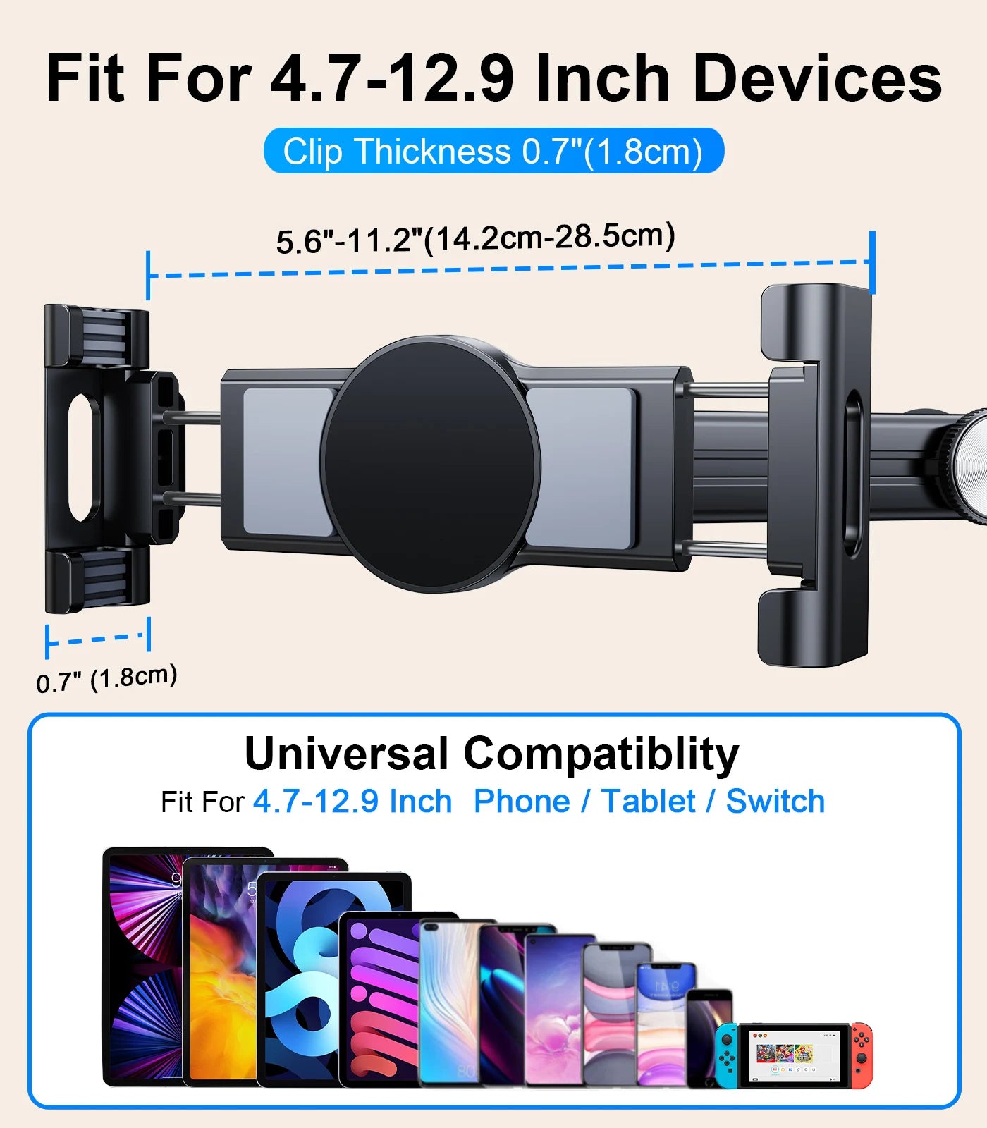 Soporte para Tablet en Reposacabezas de Coche – Soporte de Teléfono Giratorio 360°, Brazo Largo Ajustable con 2 Ganchos, Compatible con Dispositivos de 4.7 a 12 pulgadas.