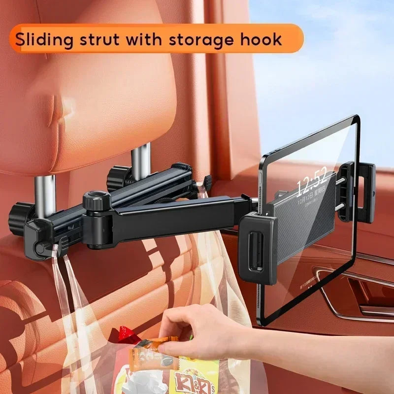 Soporte para Tablet en Reposacabezas de Coche – Soporte de Teléfono Giratorio 360°, Brazo Largo Ajustable con 2 Ganchos, Compatible con Dispositivos de 4.7 a 12 pulgadas.