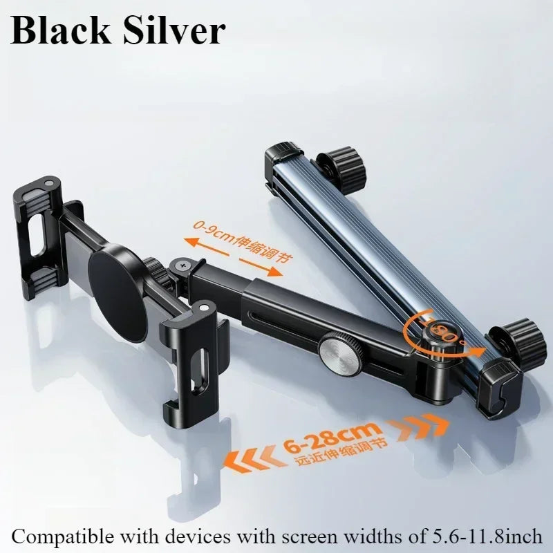 Soporte para Tablet en Reposacabezas de Coche – Soporte de Teléfono Giratorio 360°, Brazo Largo Ajustable con 2 Ganchos, Compatible con Dispositivos de 4.7 a 12 pulgadas.