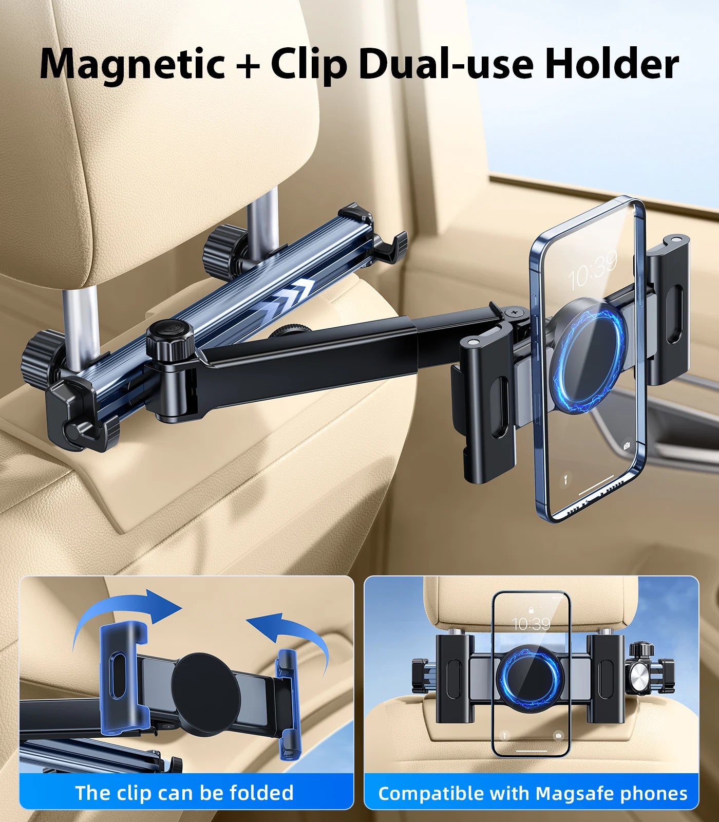 Soporte para Tablet en Reposacabezas de Coche – Soporte de Teléfono Giratorio 360°, Brazo Largo Ajustable con 2 Ganchos, Compatible con Dispositivos de 4.7 a 12 pulgadas.