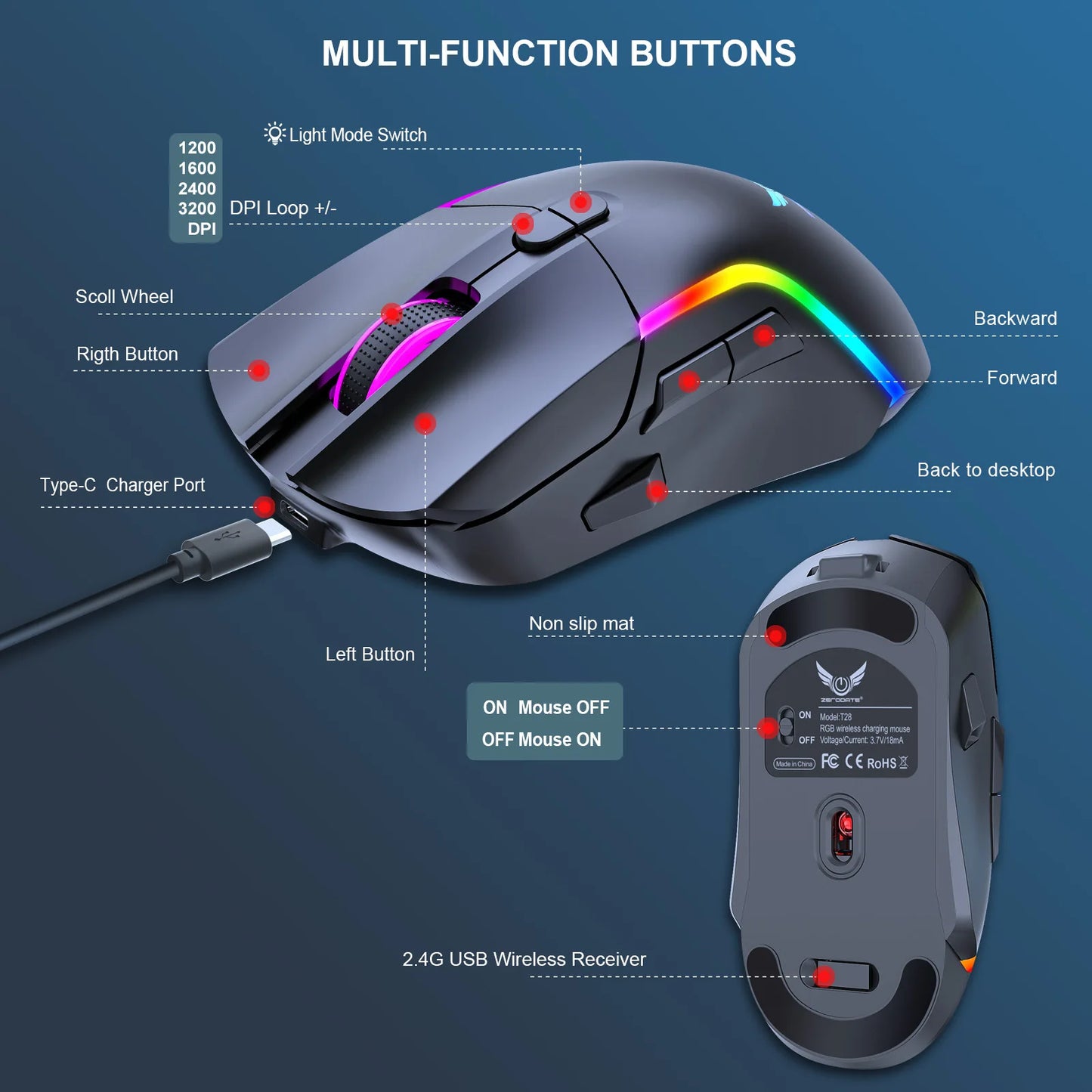 Ratón Gaming Inalámbrico RGB – 8 Botones, 3200DPI, Recargable