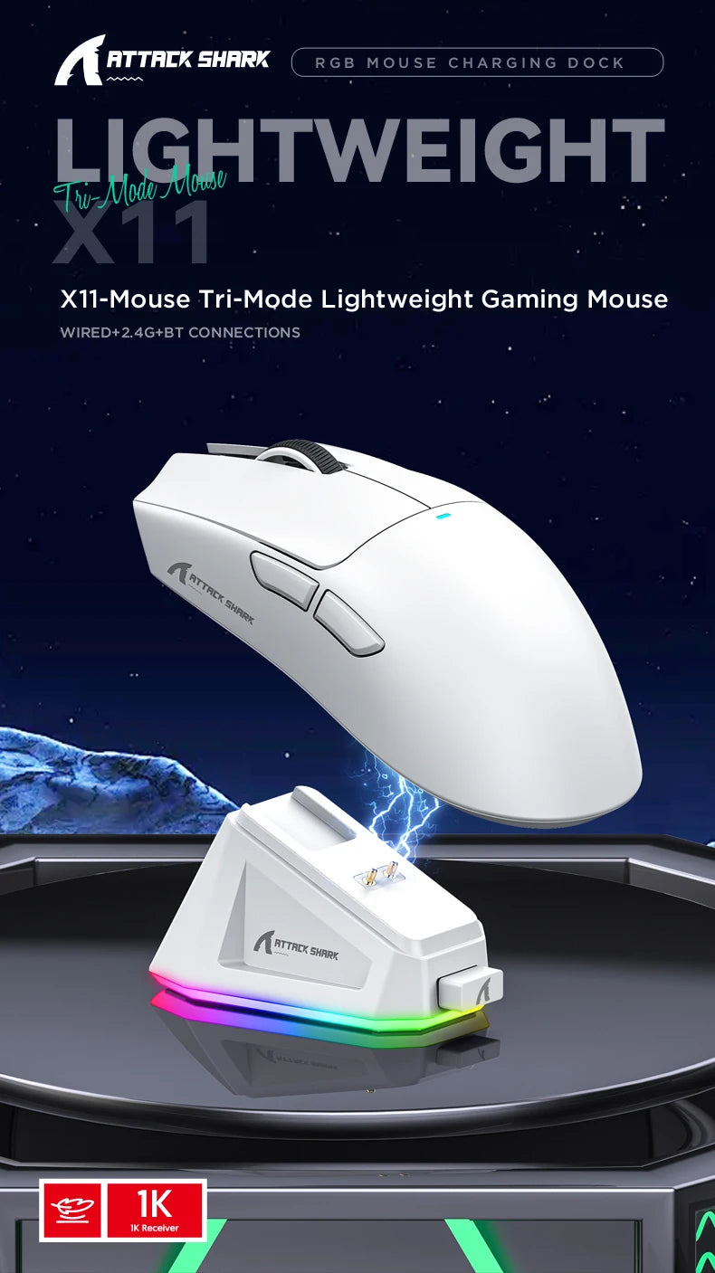 Ratón Gaming Attack Shark X11 – Tri-Mode (BT/2.4G/Cable) con RGB y Base de Carga Magnética