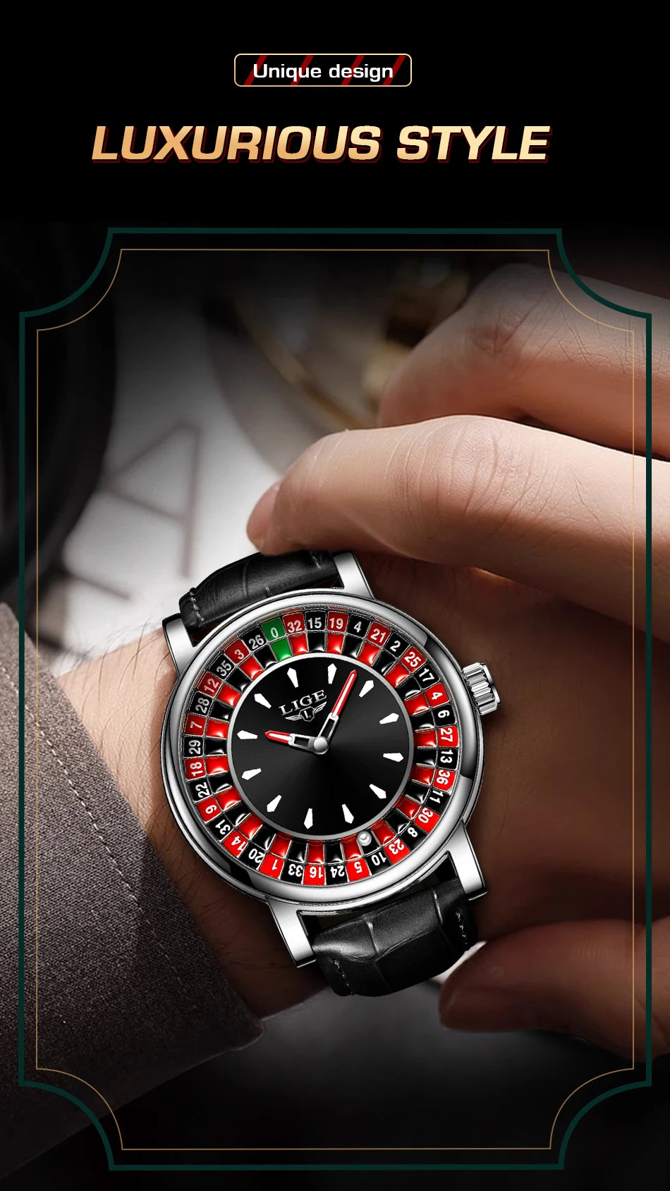 Reloj LIGE Hombre – Cuarzo, Lujo, Dial Ruleta, Cuero, Resistente al Agua
