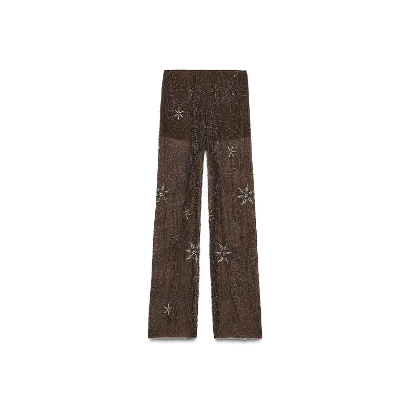 Sexy Beading Sequin Top Pant Set Women Slim Tube Top Scarf Neck See Through Straight Trouser 2025 Fashion Autumn Party Suit Lady