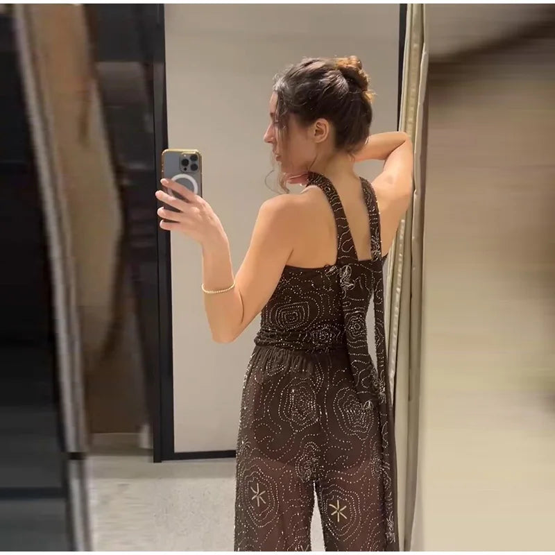 Sexy Beading Sequin Top Pant Set Women Slim Tube Top Scarf Neck See Through Straight Trouser 2025 Fashion Autumn Party Suit Lady