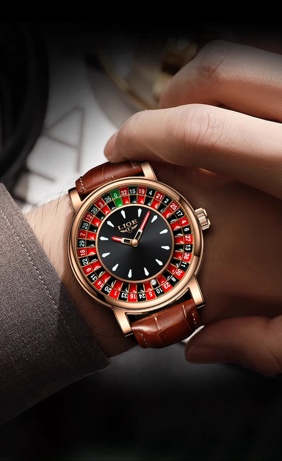Reloj LIGE Hombre – Cuarzo, Lujo, Dial Ruleta, Cuero, Resistente al Agua