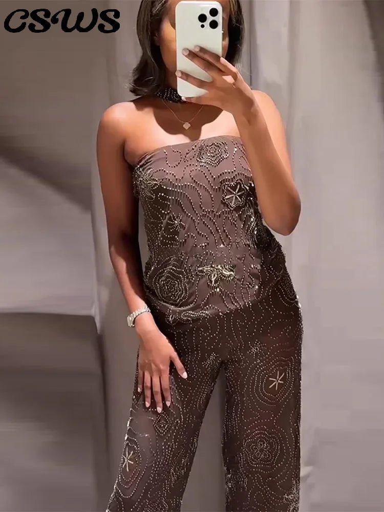 Sexy Beading Sequin Top Pant Set Women Slim Tube Top Scarf Neck See Through Straight Trouser 2025 Fashion Autumn Party Suit Lady