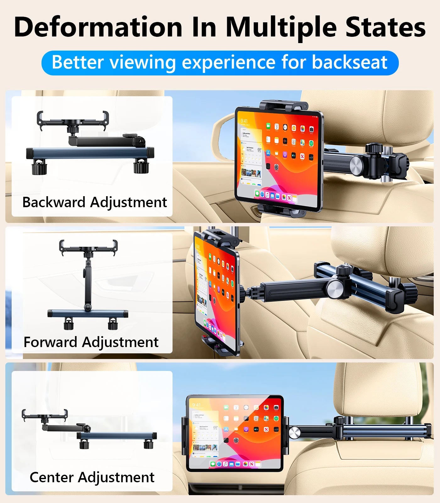 Soporte para Tablet en Reposacabezas de Coche – Soporte de Teléfono Giratorio 360°, Brazo Largo Ajustable con 2 Ganchos, Compatible con Dispositivos de 4.7 a 12 pulgadas.