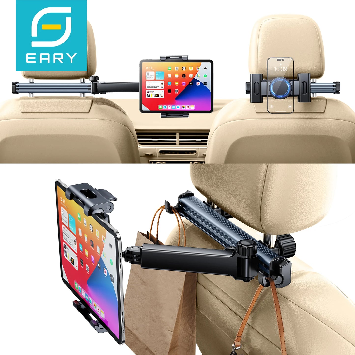 Soporte para Tablet en Reposacabezas de Coche – Soporte de Teléfono Giratorio 360°, Brazo Largo Ajustable con 2 Ganchos, Compatible con Dispositivos de 4.7 a 12 pulgadas.