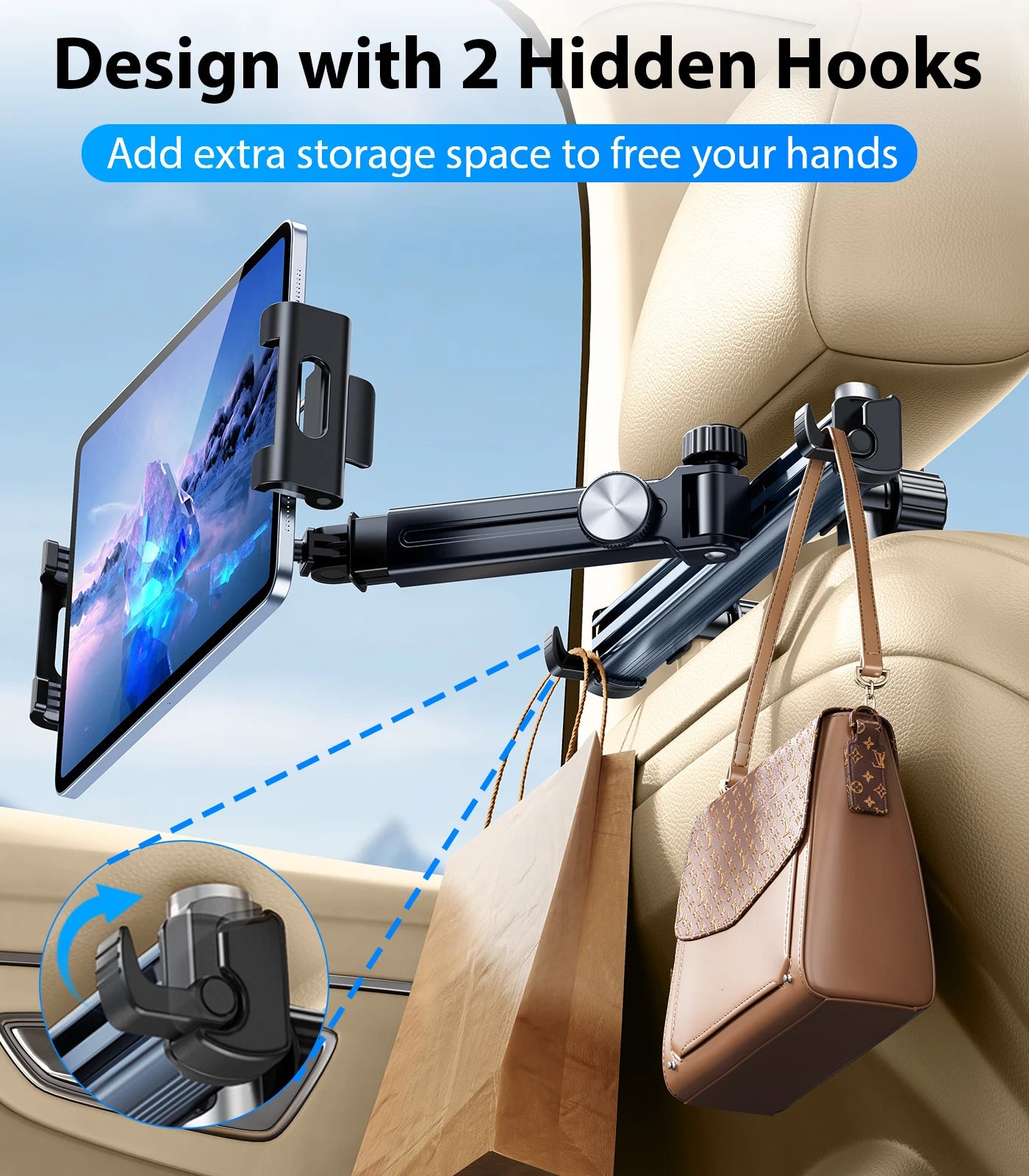 Soporte para Tablet en Reposacabezas de Coche – Soporte de Teléfono Giratorio 360°, Brazo Largo Ajustable con 2 Ganchos, Compatible con Dispositivos de 4.7 a 12 pulgadas.