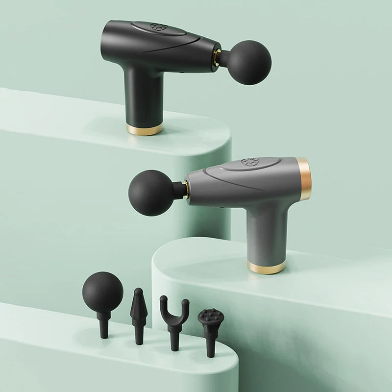 Mini Pistola de Masaje Negra de 4 Cabezales | Pistola de Masaje Multinivel para Relajación Muscular, Equipo Portátil de Masaje por Vibración ✅