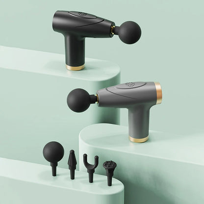 Mini Pistola de Masaje Negra de 4 Cabezales | Pistola de Masaje Multinivel para Relajación Muscular, Equipo Portátil de Masaje por Vibración ✅