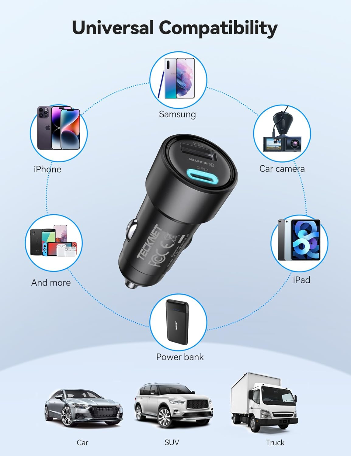 Pack de 2 Cargadores de Coche USB-C, 48W Ultra Rápidos | Doble Puerto con Tecnología PD & QC3.0 | Compatible con iPhone 16/15/14/13 y Samsung Galaxy