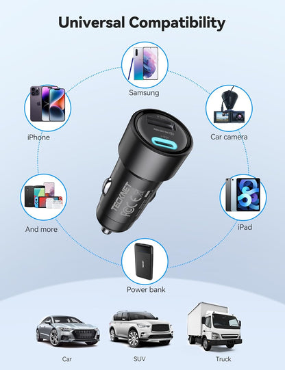 Pack de 2 Cargadores de Coche USB-C, 48W Ultra Rápidos | Doble Puerto con Tecnología PD & QC3.0 | Compatible con iPhone 16/15/14/13 y Samsung Galaxy