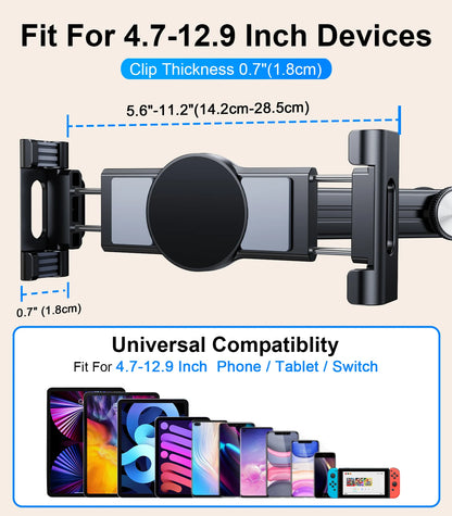 Soporte para Tablet en Reposacabezas de Coche – Soporte de Teléfono Giratorio 360°, Brazo Largo Ajustable con 2 Ganchos, Compatible con Dispositivos de 4.7 a 12 pulgadas.