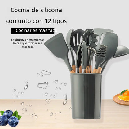 Porcheddu set of 12 silicone kitchen utensils with wooden handle - non-stick, easy to clean - essential kitchen tools for baking and cooking