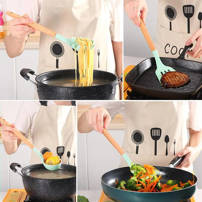 Porcheddu set of 12 silicone kitchen utensils with wooden handle - non-stick, easy to clean - essential kitchen tools for baking and cooking