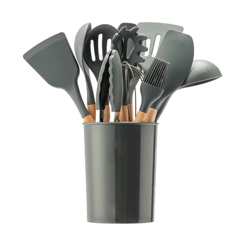 Porcheddu set of 12 silicone kitchen utensils with wooden handle - non-stick, easy to clean - essential kitchen tools for baking and cooking