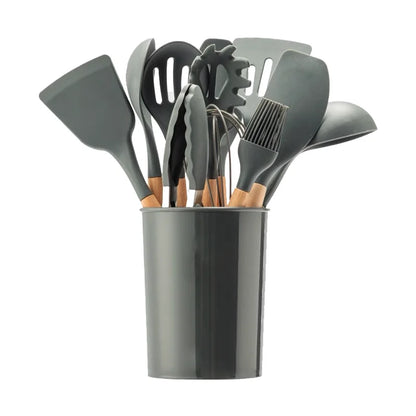 Porcheddu set of 12 silicone kitchen utensils with wooden handle - non-stick, easy to clean - essential kitchen tools for baking and cooking