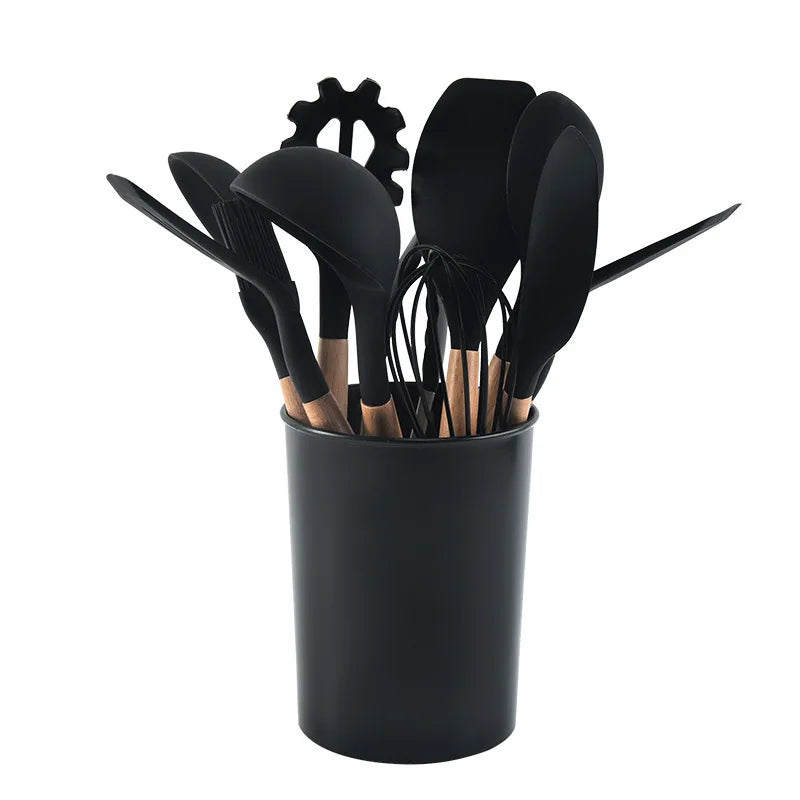 Porcheddu set of 12 silicone kitchen utensils with wooden handle - non-stick, easy to clean - essential kitchen tools for baking and cooking