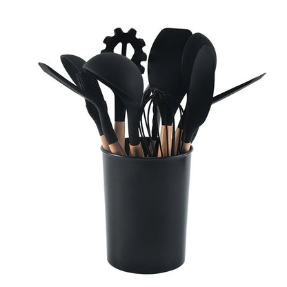 Porcheddu set of 12 silicone kitchen utensils with wooden handle - non-stick, easy to clean - essential kitchen tools for baking and cooking
