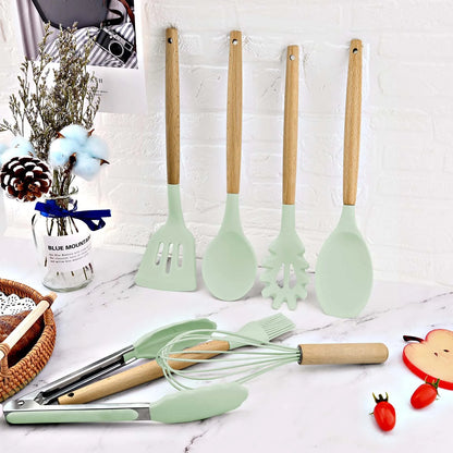 Porcheddu set of 12 silicone kitchen utensils with wooden handle - non-stick, easy to clean - essential kitchen tools for baking and cooking