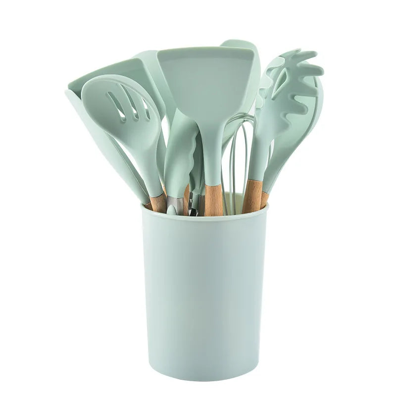 Porcheddu set of 12 silicone kitchen utensils with wooden handle - non-stick, easy to clean - essential kitchen tools for baking and cooking