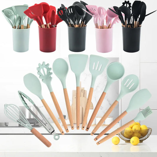 Porcheddu set of 12 silicone kitchen utensils with wooden handle - non-stick, easy to clean - essential kitchen tools for baking and cooking
