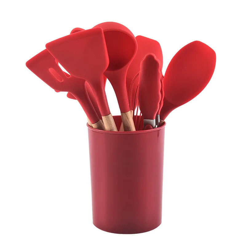 Porcheddu set of 12 silicone kitchen utensils with wooden handle - non-stick, easy to clean - essential kitchen tools for baking and cooking