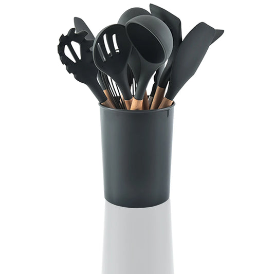 Porcheddu set of 12 silicone kitchen utensils with wooden handle - non-stick, easy to clean - essential kitchen tools for baking and cooking