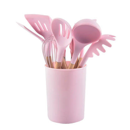 Porcheddu set of 12 silicone kitchen utensils with wooden handle - non-stick, easy to clean - essential kitchen tools for baking and cooking