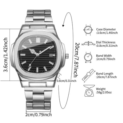 Reloj de Hombre Lujo – Cuarzo, Dial Cuadrado, Acero Inoxidable y Calendario (Sin Caja)