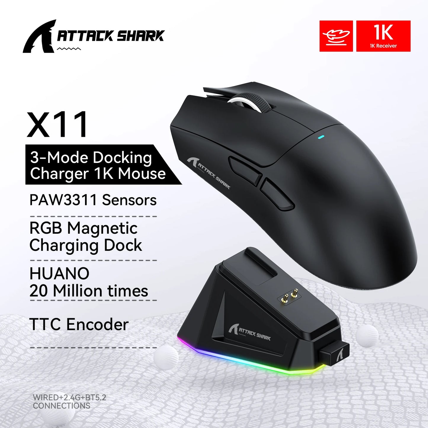 Ratón Gaming Attack Shark X11 – Tri-Mode (BT/2.4G/Cable) con RGB y Base de Carga Magnética