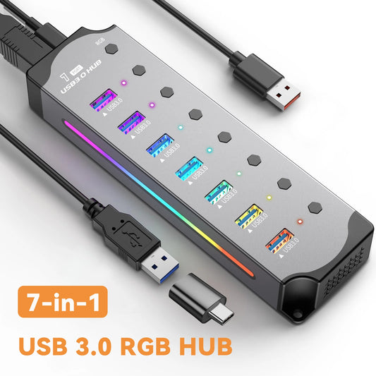 Hub USB 3.0 7 en 1 – RGB y con Interruptores Individuales para Laptop y PC