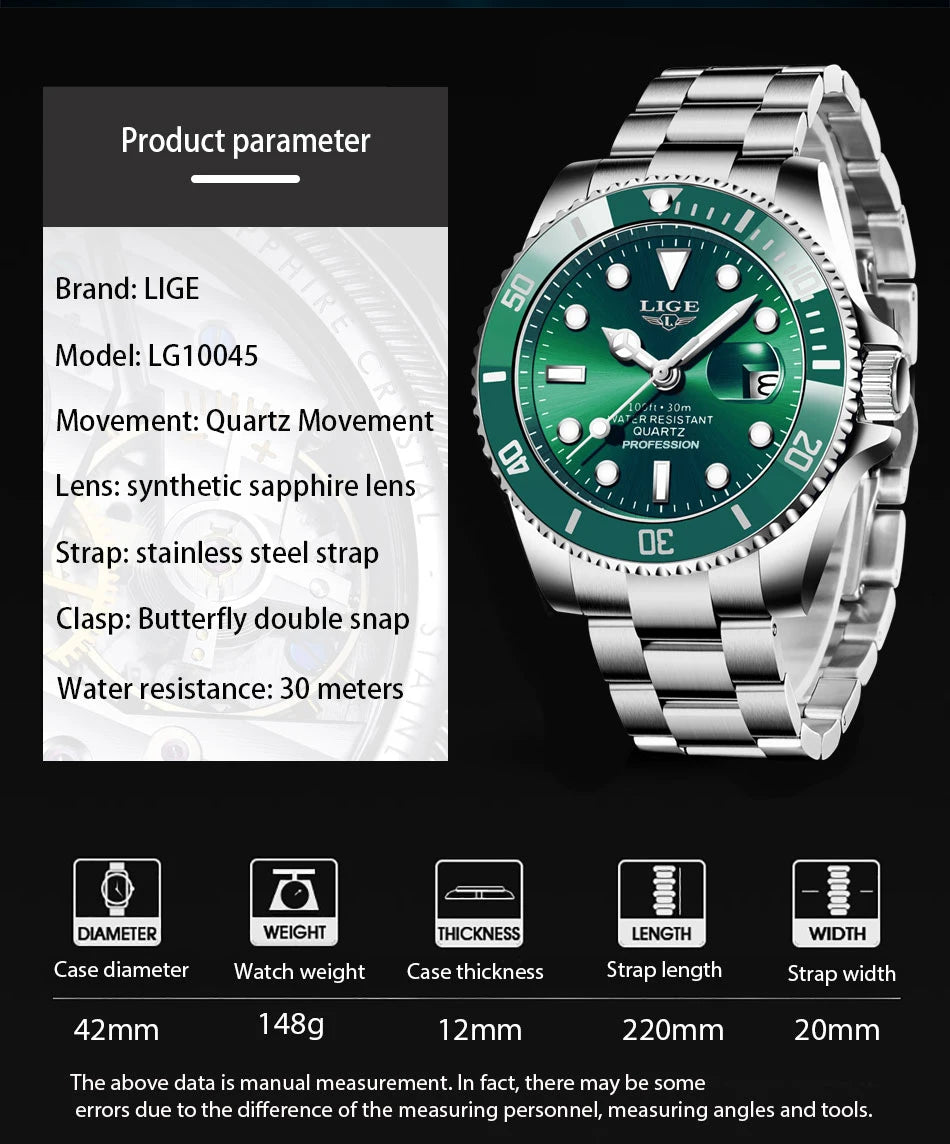 Reloj LIGE Hombre – Lujo, Diver 30ATM, Fecha, Deportivo y Cuarzo
