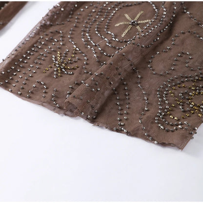 Sexy Beading Sequin Top Pant Set Women Slim Tube Top Scarf Neck See Through Straight Trouser 2025 Fashion Autumn Party Suit Lady