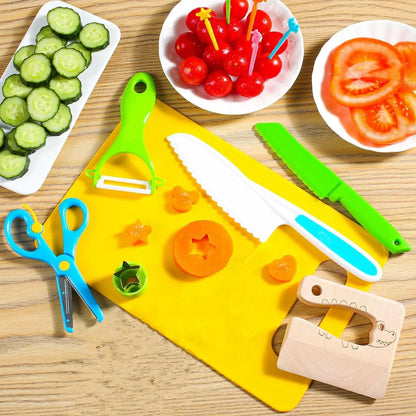 Fun Kids Cooking Sets 28PCS, Sandwich Cutter Shapes, Serrated Edge Y Peeler, Safe Kitchen Tools for Children Chefs Ages 3-12 Yea