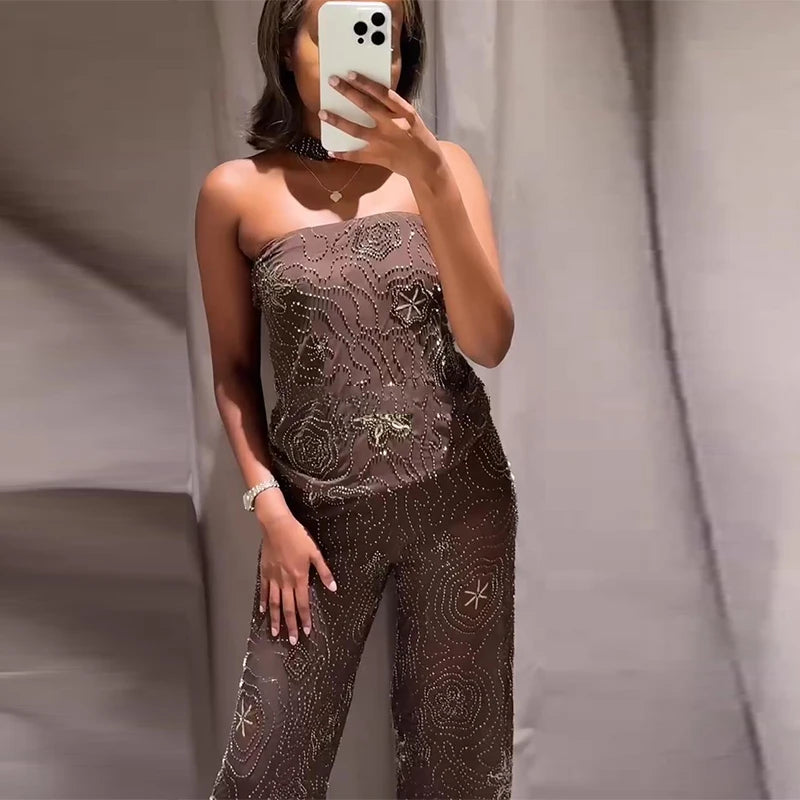 Sexy Beading Sequin Top Pant Set Women Slim Tube Top Scarf Neck See Through Straight Trouser 2025 Fashion Autumn Party Suit Lady