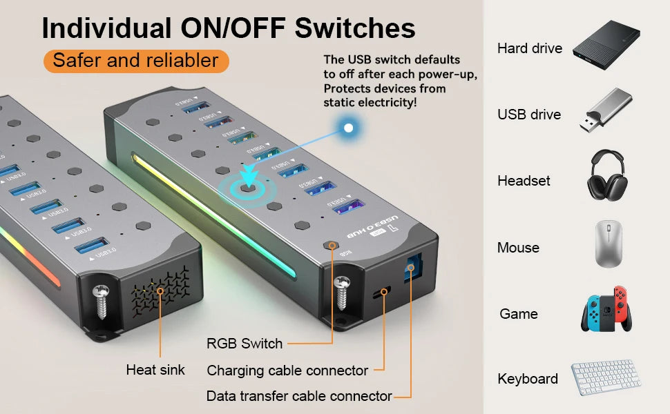 Hub USB 3.0 7 en 1 – RGB y con Interruptores Individuales para Laptop y PC