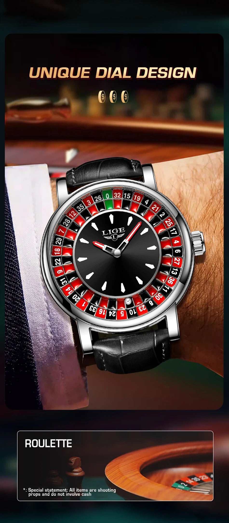 Reloj LIGE Hombre – Cuarzo, Lujo, Dial Ruleta, Cuero, Resistente al Agua