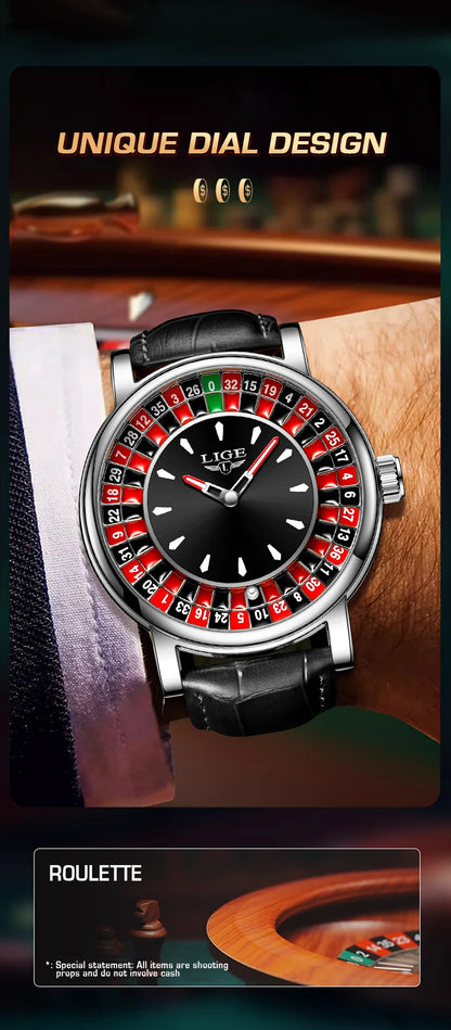Reloj LIGE Hombre – Cuarzo, Lujo, Dial Ruleta, Cuero, Resistente al Agua