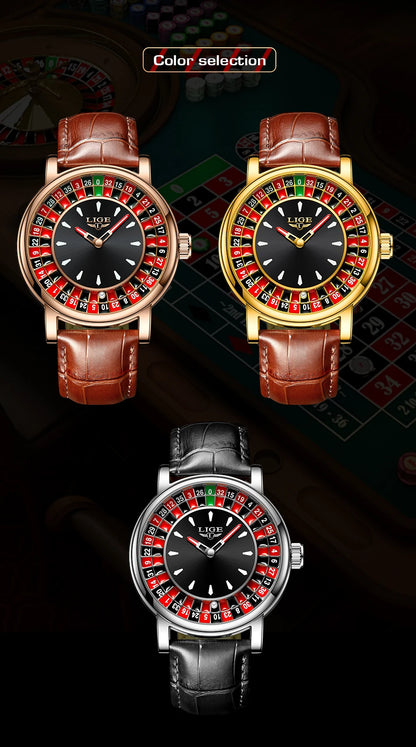 Reloj LIGE Hombre – Cuarzo, Lujo, Dial Ruleta, Cuero, Resistente al Agua