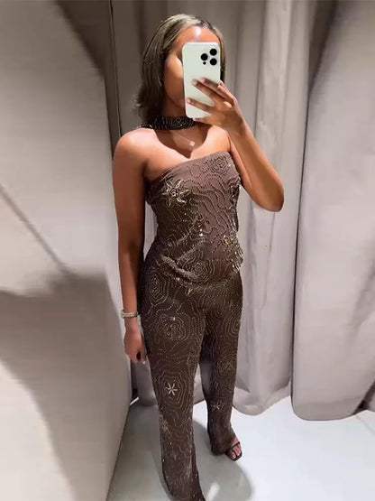 Sexy Beading Sequin Top Pant Set Women Slim Tube Top Scarf Neck See Through Straight Trouser 2025 Fashion Autumn Party Suit Lady