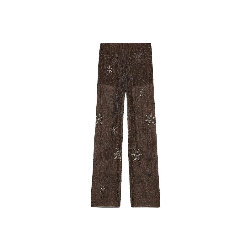 Sexy Beading Sequin Top Pant Set Women Slim Tube Top Scarf Neck See Through Straight Trouser 2025 Fashion Autumn Party Suit Lady