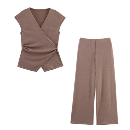 MYST&ZA2025 Summer New Women's Wear Pin-Decorated Sleeveless Double-Breasted V-Neck Top + Simple Mid-Waist Casual Pants Set