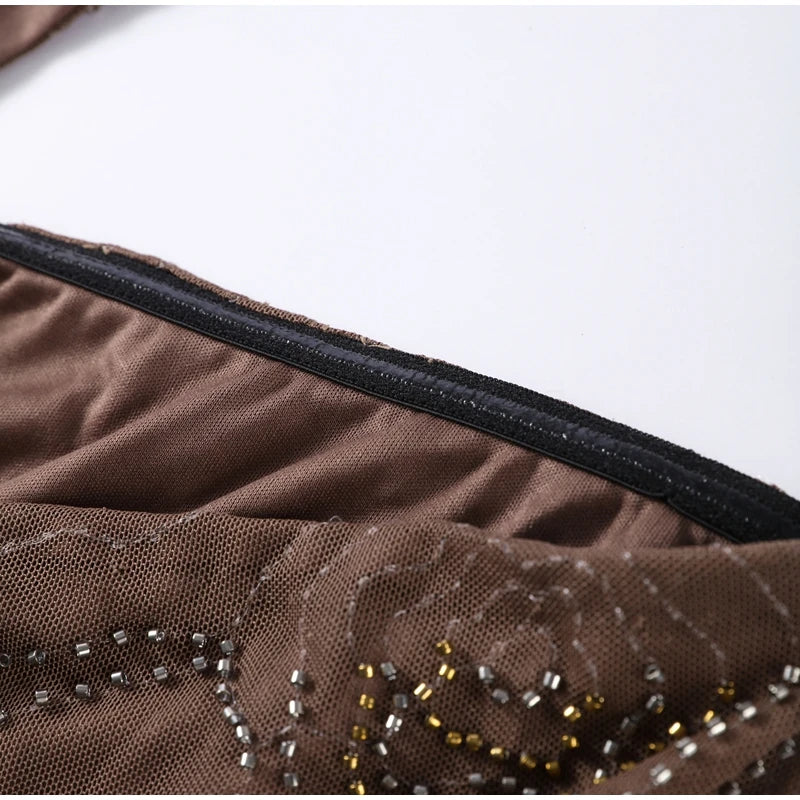 Sexy Beading Sequin Top Pant Set Women Slim Tube Top Scarf Neck See Through Straight Trouser 2025 Fashion Autumn Party Suit Lady
