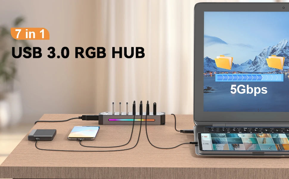 Hub USB 3.0 7 en 1 – RGB y con Interruptores Individuales para Laptop y PC